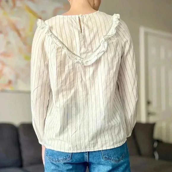 Madewell Ruffle-Yoke Prairie Top - Pinstripe Black and White - Size S - Picture 3 of 9